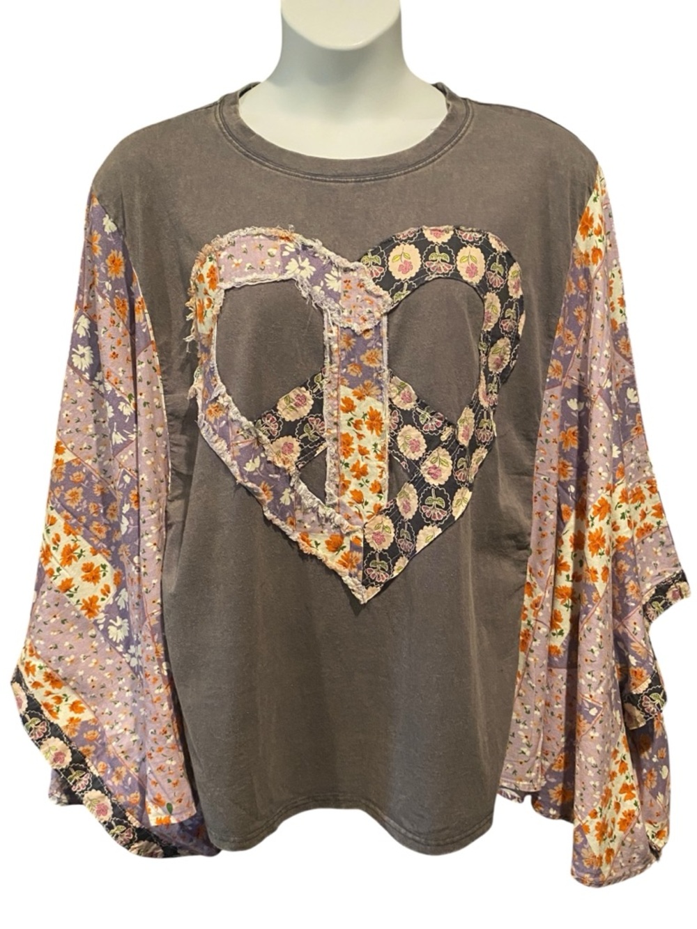 Blue Velvet Gray Floral Heart Peace Sign Patch Poncho Top Womens Size L/XL NWT